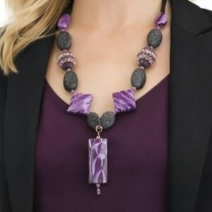 Handcrafted Purple Crystal & Black Beaded Statement Necklace
